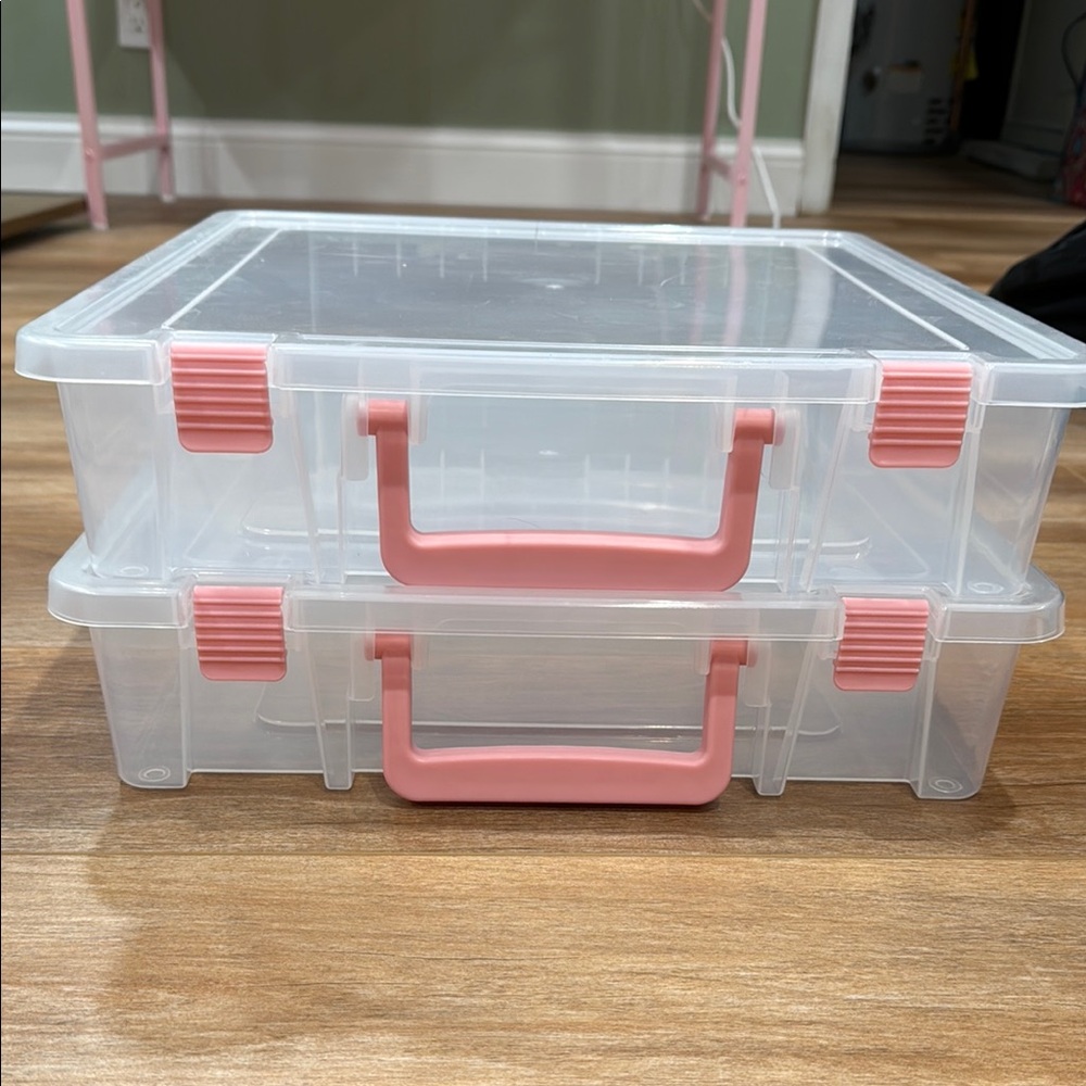 Stackable Clear Storage Box with Pink Handles